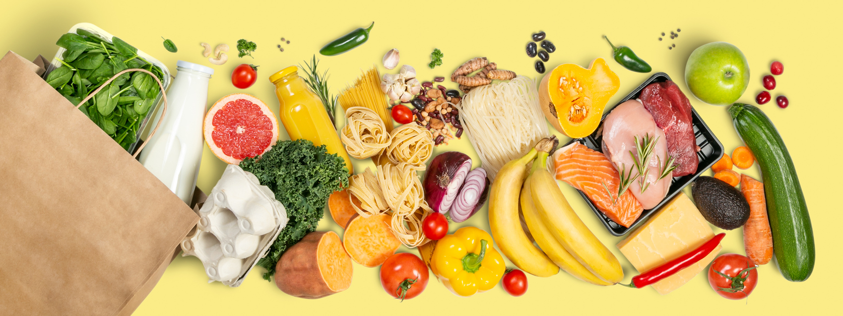 Grocery shopping concept - foods with shopping bag